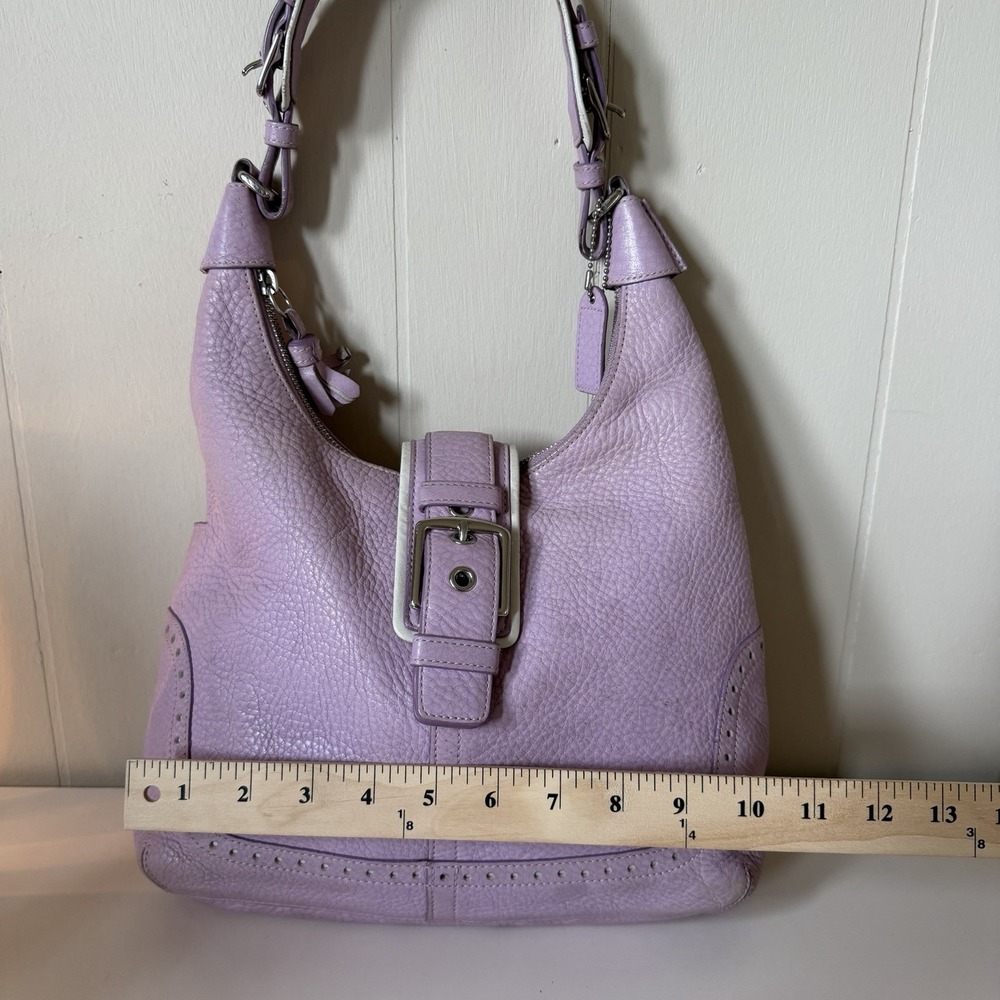 Coach Lilac Pebbled Shoulder Bag Buckle Accent Silver Hardware Designer Classic - Picture 12 of 14
